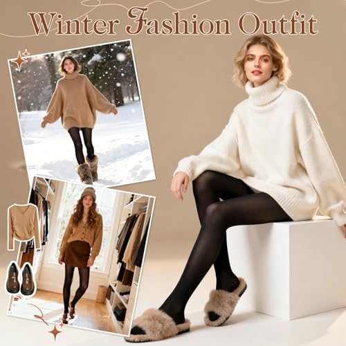HONGTEYA 3 Pairs Fleece Lined Tights Women - Warm Sheer Pantyhose Fake Translucent Tights Winter Thermal Leggings (US, Alpha, Large, Regular, Regular, Translucent Black+coffee+nude) by HONGTEYA - Image 2