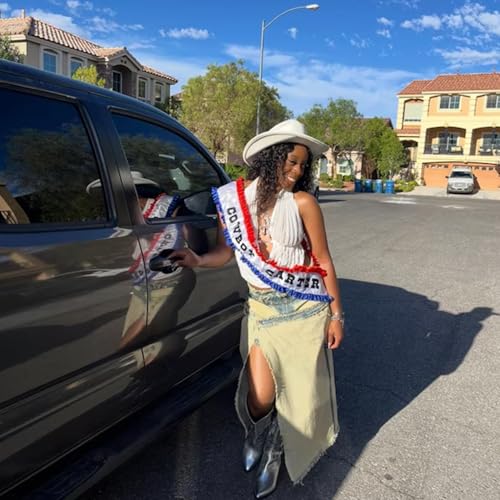 Cowboy Sash Personalized Belt With Customizable Name Features Red White And Blue Pleated Ribbon Perfect For Concerts And Parties As A Cowboy-Style Sash4