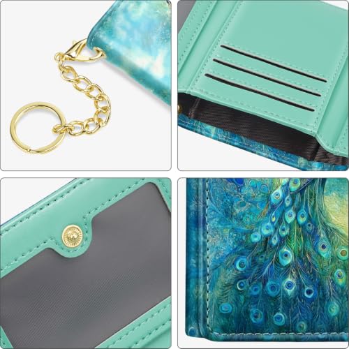 Image of Peacock Small Wallet Women, RFID Blocking Trifold Wallet, Cute Credit Card Holder with Kaychain, Credit Card Wallets, Vegan Leather, 7 Card Slots, ID Window, Wallets for Women Ladies Girls