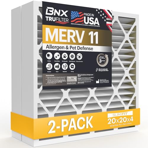 Image of BNX TruFilter 20x20x4 (19.5'' x 19.5'' x 3.63'' Slim Fit) MERV 11 Air Filter 2-Pack - MADE IN USA - Air Conditioner Furnace Filters HVAC AC Furnace Filters for Dust, Pet, Mold, Pollen MPR 1200 FPR 7