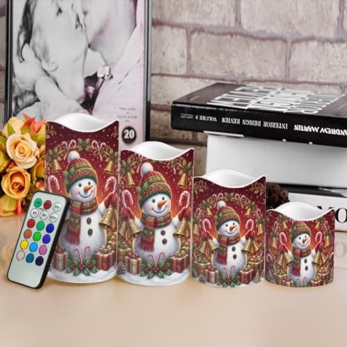 Image of Christmas Flameless Battery Operated Lamp with Remote, 4 Pack | Snowman LED Flickering, Battery Operated, Color Changing Electric Pillar Candles for Living Room, Christmas Home Decor