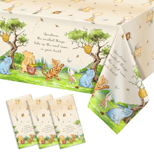 Tewess 3Pcs Classic Bear Baby Shower Plastic Table Cloths Disposable Vintage Pooh Bear Rectangle Waterproof Table Cover for Boys Girls Birthday Gender Reveal Party Supplies 54 X 108