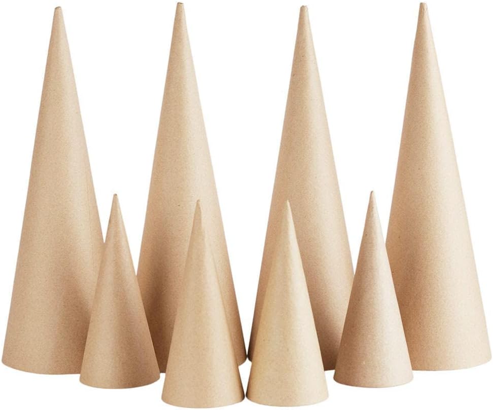 Paper Mache Cones Open Bottom - Bulk Pack of 8 Pieces of Assorted Sizes for Crafting Dolls, Holiday Angels, and Christmas Trees by Factory Direct Craft