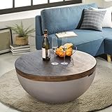 SUNBURY Outdoor Patio Coffee Table, 31' W Round Concrete Outdoor Coffee Table with Wooden Top for Patio, Weather Resistant Modern Drum Coffee Table for Living Room, Garden, Backyard, Lawn, Deck