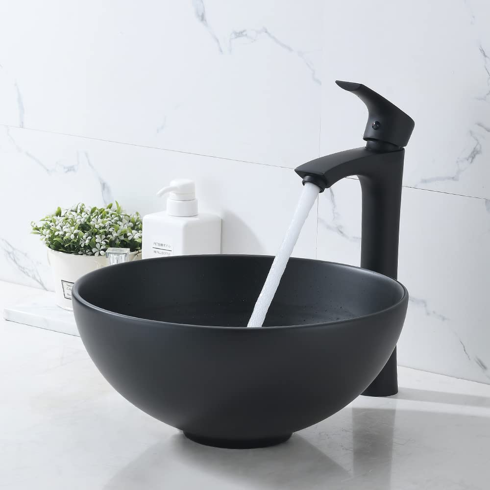 Black Vessel Sink, Vessel with Faucet and Drain Combo -Bokaiya 13x13 Round Bathroom Vessel Sink Matte Black Above Counter Porcelain Ceramic Vanity Sink