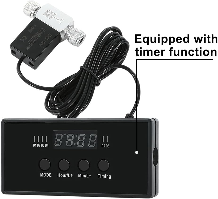 Close-up of the timer controller with buttons labeled MODE, Hour/L+, Min/L+, and Timing.