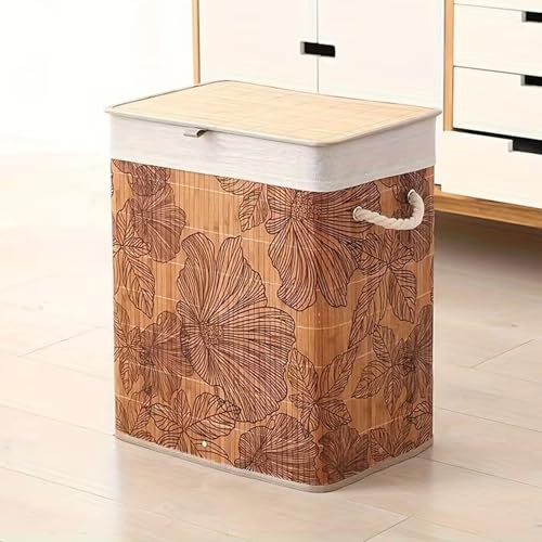 Image of Kura by Ekhasa Floral Laundry Basket with Lid 60L, Bamboo Laundry Basket for Clothes, Foldable Laundry Hamper Basket with Removable Laundry Bag for Bedroom Bathroom Clothes Storage