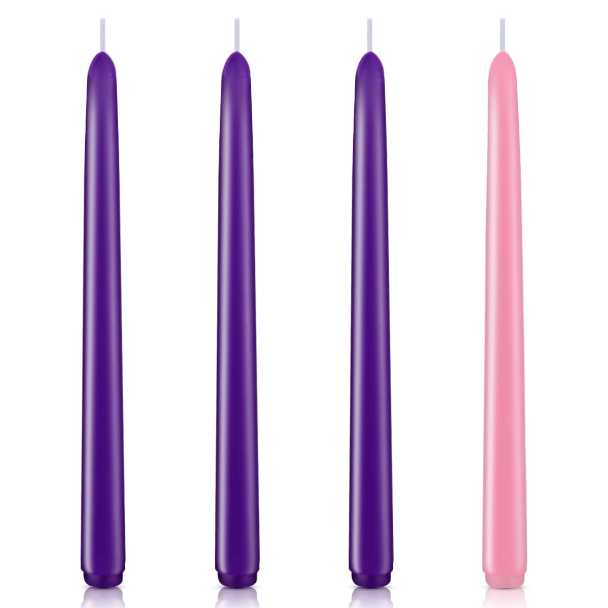 Advent Candle Set - 4 Pack of 10-Inch Taper Candles (3 Purple, 1 Pink) for Christmas Advent Wreath, Unscented, Dripless, and Smokeless