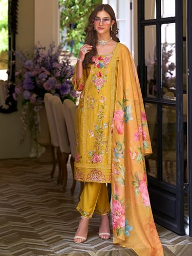 Image of INDO ERA Women's Silk Blend Floral Embroidered Thread Work Kurta & Pant with Dupatta Set (IEOUT13229)