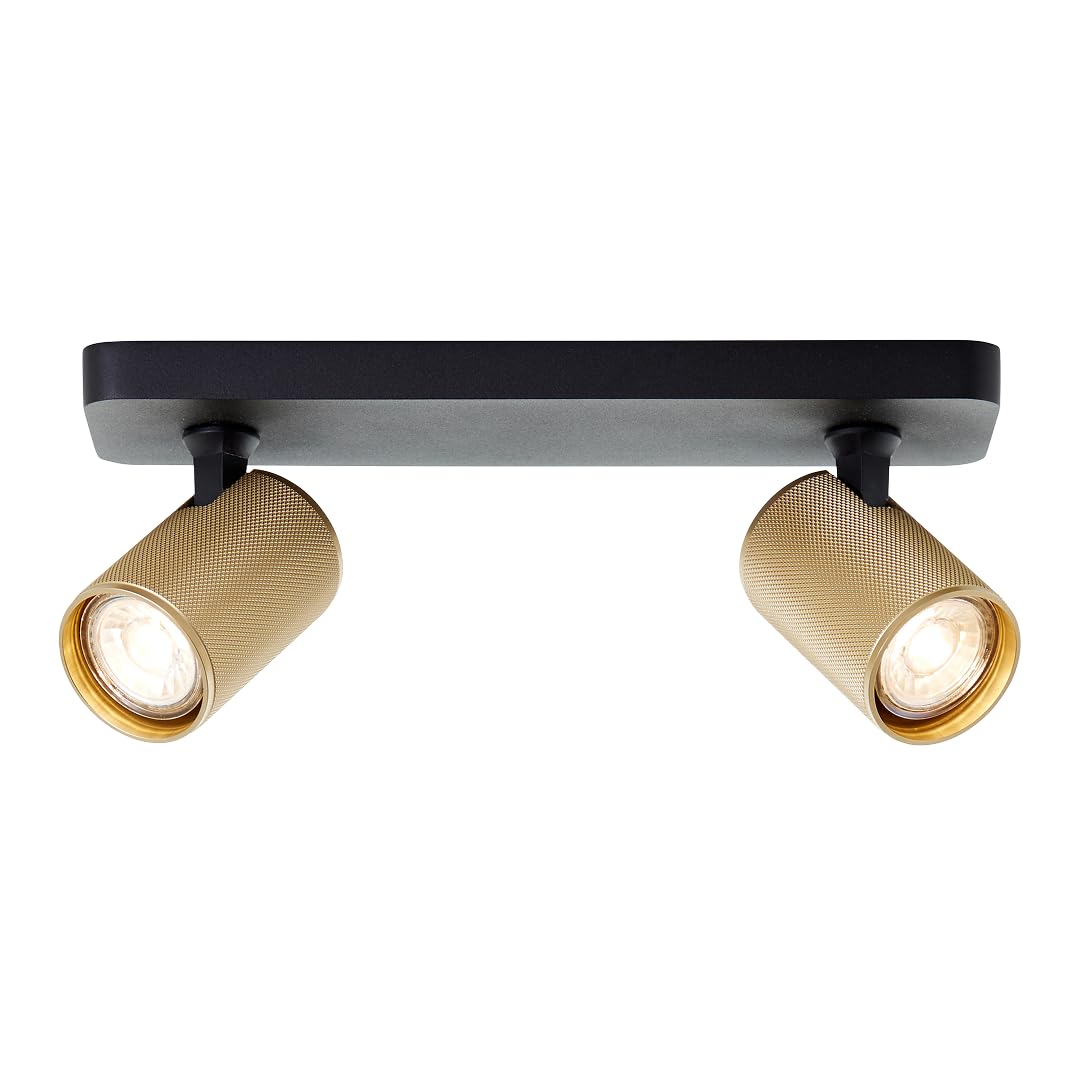 Brilliant Marty LED Deckenstrahler, 2-flammig, schwenkbare Spots mit GU10-Fassung, dimmbar, warmweißes Licht, 2 × 345 Lumen, sand-schwarz/matt-gold – ideal für Wohnzimmer und Flur.