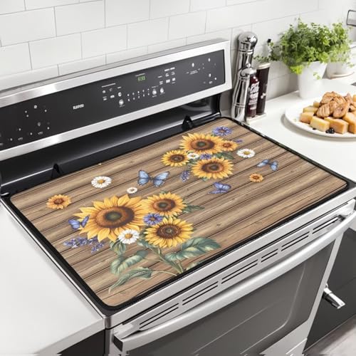 Image of Sunflower Wood Multi-Purpose Stove Top Cover Silicone Thermal Mat for Electric Stove(30 inchx21 inch) Scratch Resistant Glass Cooktop Protector & Dish Drying Mat