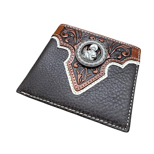 Men’s Leather Short Wallet – Saint Jude Concho with Tooled Inlay – Western Christian Wallet for Cowboys, Ranchers & Faith-Based Gift Ideas