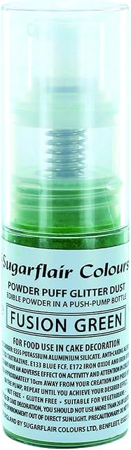 Sugarflair Colours Edible Glitter Pump Spray - Fusion Green - E171 Free - Non-Aerosol Pump Bottle, Refillable Shimmer Paint That Provides A Lustre Finish To Cakes, Decorations, and Desserts - 10g