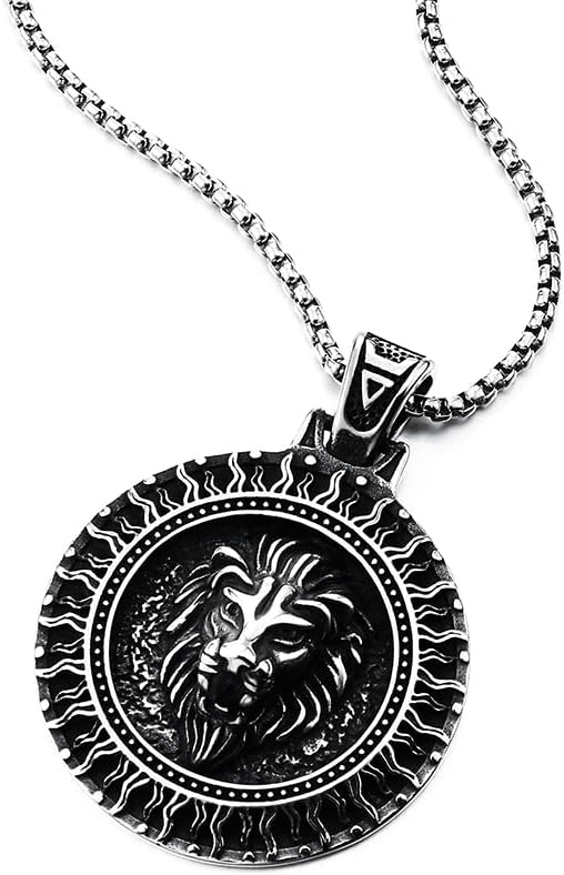 COOLSTEELANDBEYOND Men Women Steel Embossed Lion Head Sunray Circle Medal Pendant Necklace, Vintage Blackened - Image 2