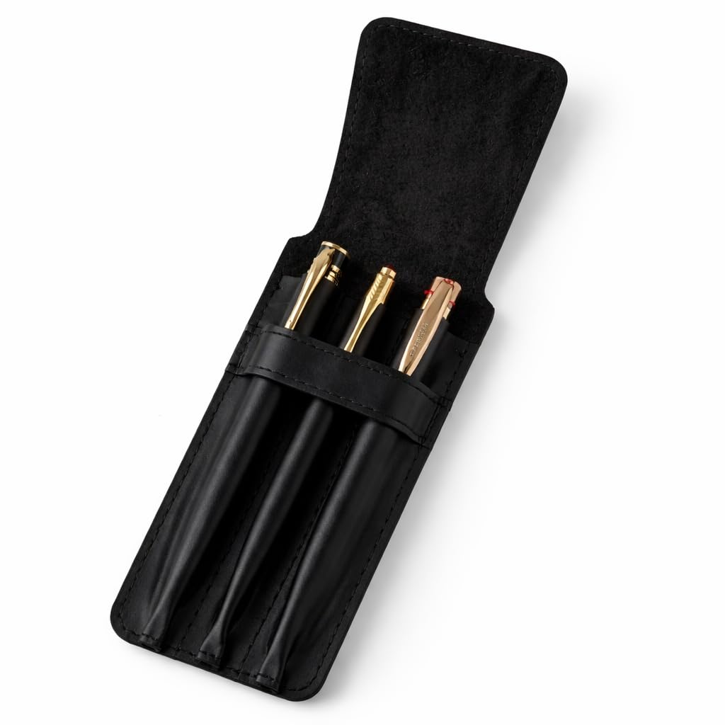 The Antiq Genuine Leather Pen Case for 3 Pens - Handmade Premium Pen Holder Organizer with Flap Closure Slim Travel Pouch for Office Business Use, 3.5 x 7- Black