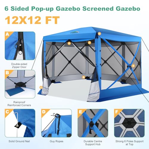 Image of COBIZI 12x12 FT Pop Up Canopy Extendable Tent, Gazebos On Clearance With Removable Roof, Screened In Gazebo,Screen Tents Portable carpas para patio for Outdoor Camping,Backyard, Garden, Blue(Upgraded)