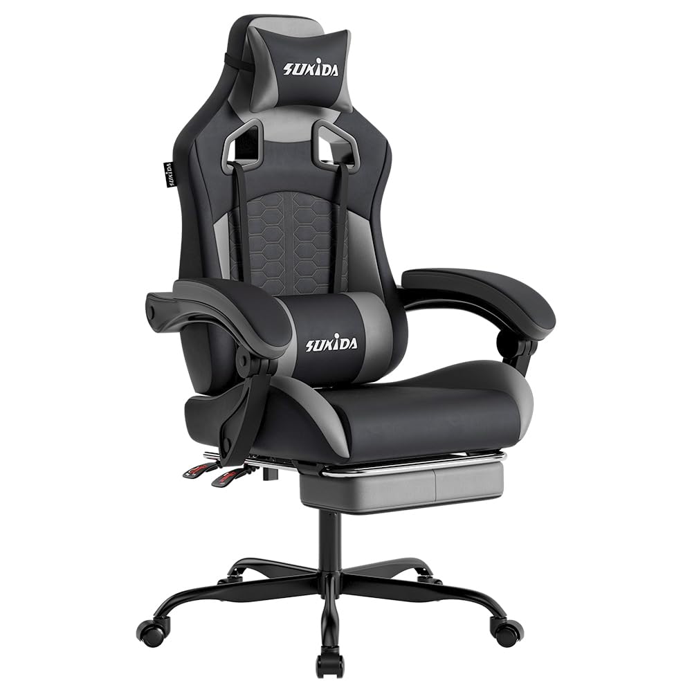 SUKIDA Ergonomic Gaming Chair with Footrest, Headrest for Gaming Chair, Adjustable Height, Lumbar Support for Home Office and Gaming, Grey