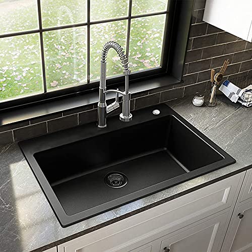 KORVO Schwarze Einbauspüle, 70 x 45 cm handgefertigt aus Edelstahl Einzelbecken, Küchenspüle gesprenkelt reversibel + Siphon Waschbecken - Image 3