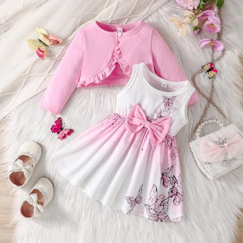 Kunyeah Baby Girls Dress and Cardigan Set Infant Ruffle Shrug Coat Butterfly Print Skirt Toddler Long Sleeve Outfit2