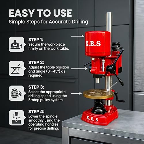 Image of K.B.S 1 Inch Heavy Duty Pillar Drill Machine, 1 HP Motor, 5 Step Speed Control, Tiltable Work Table, Cast Iron Base
