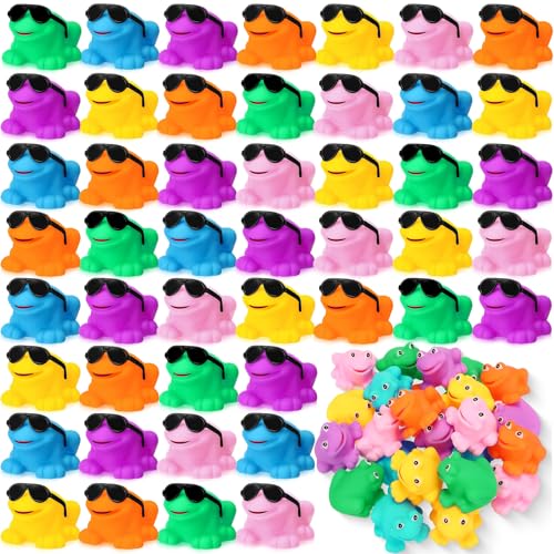 Halloscume 48 Pack Mini Rubber Frog Toy Bulk with Sunglasses Small Squeaky and Floating Bathroom Shower Frog for Summer Birthday Party Classroom Carnival Exchange Prize