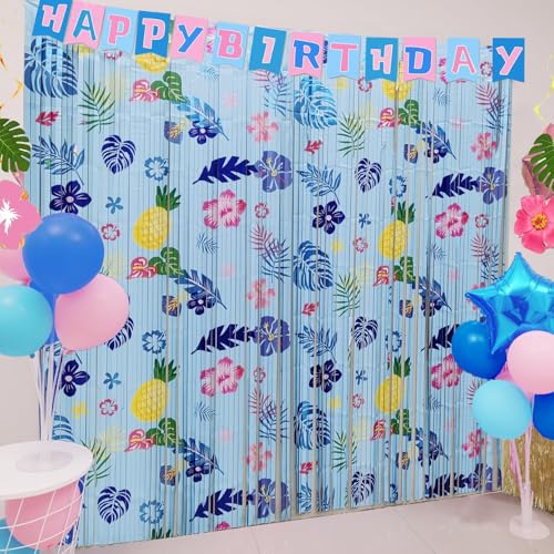 Image of Hawaiian Cartoon Birthday Party Decorations Backdrop 2 Pack Blue Hawaiian Pattern Foil Fringe Curtains Streamers Photo Booth Props for Cartoon Movie Luau Summer Birthday Party Supplies Decorations