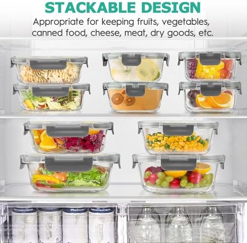 34pcs Glass Food Storage Containers with Lids Set, Airtight Glass Meal Prep Containers (17 Containers & 17 Lids), Leak Proof Lunch Container BPA-Free, Microwave, Oven, Freezer, Dishwasher Safe-Grey - Thumbnail 4