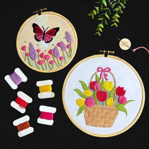 Image of KNOT YOUR TYPE Tulip Duo DIY Embroidery Kit for Beginners | Hand Embroidery Starter Kit with Hoop, Threads & Tools | Creative Art & Craft Gift Set for Adults | Bundle of 2