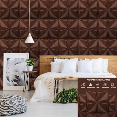 Image of Kayra Decor 3D PVC Wall Panel Bloom Design Walnut Wood Color 19.7 inch x 19.7 inch (Pack of 40) - Covers 107.80 Sq. Ft.