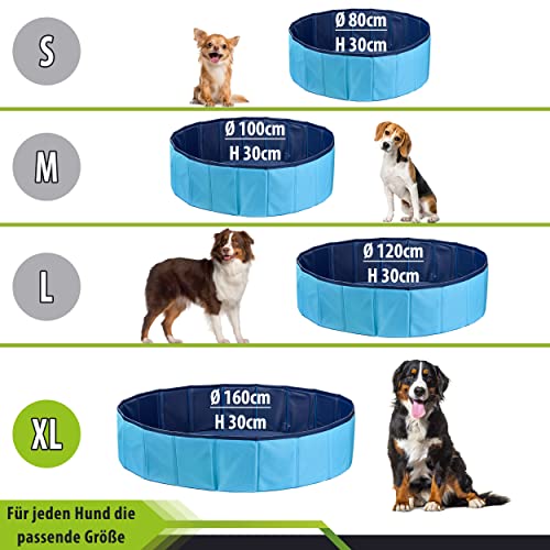 Stabiler Hundepool | Planschbecken für Hunde | Faltbarer Pool mit Ablassventil | rutschfeste Badewanne | Bällebad Kinder | Bälle Bad inkl. Badebürste & Reparaturset - Dog Pool 160x30 (Blue)