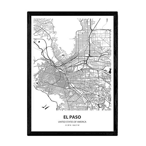 Nacnic Poster con mapa de El Paso - USA. Láminas de ciudades de Estados Unidos con mares y ríos en color negro. Tamaño A4