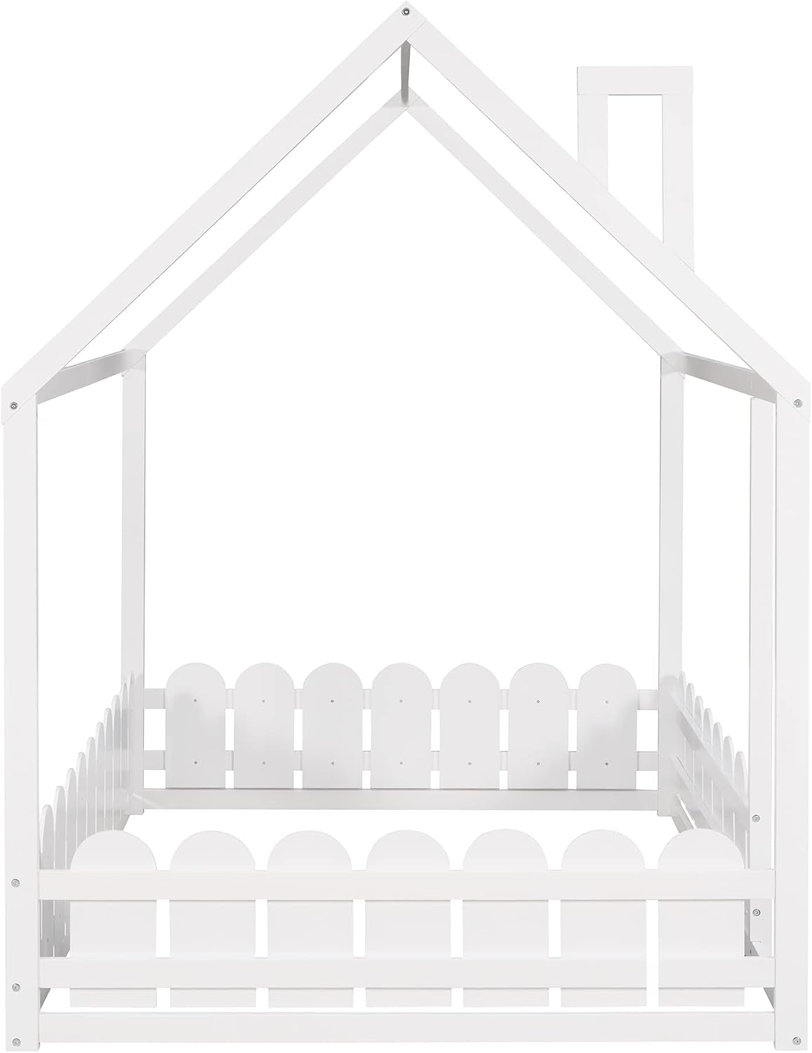 Harper & Bright Designs Full Size House Bed for Kids,Montessori Floor Bed Full with Fence-Shaped Rails,Floor Tent Bed Frame,Wooden Full House Bed Frame for Girls,Boys,White