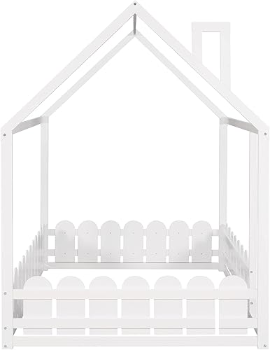 Miniatura 7 de LZ LEISURE ZONE Cama de casa matrimonial, marco de cama de madera tamaño matrimonial, cama de suelo de tamaño matrimonial con techo y valla, color