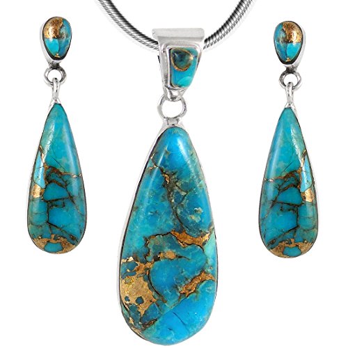 Turquoise Network Sterling Silver Genuine Gemstones Necklace & Earrings Matching Set (Choose Style)