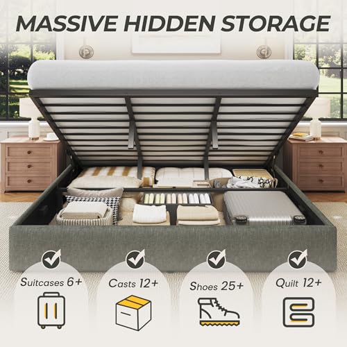 Image of HISOFT King Size Lift Up Storage Bed Frame, Linen Upholstered Platform Bed with Wingback Headboard, Heavy Duty Hydraulic Gas Lift Underbed Space, Reinforced Full Metal Slats, Noise Free, Grey