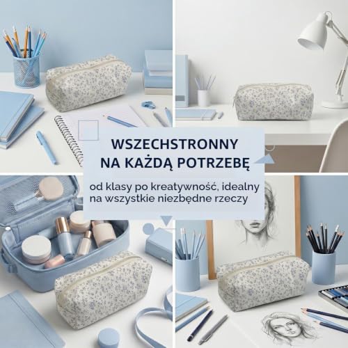 ZEXOWIJ Piórnik do szkoły i biura - Mały poliestrowy piórnik na długopisy i ołówki, 20 x 4,5 x 7 cm, jasnoniebieski, cienki piórnik z zamkiem błyskawicznym dla studentów i chłopców