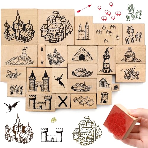 Marspark 24 Pcs Map Stamps Combo Map Making Rubber Stamp Kit Compass Outdoor Scenery Stamps for Adventures Storytelling and Creative Projects (Building)