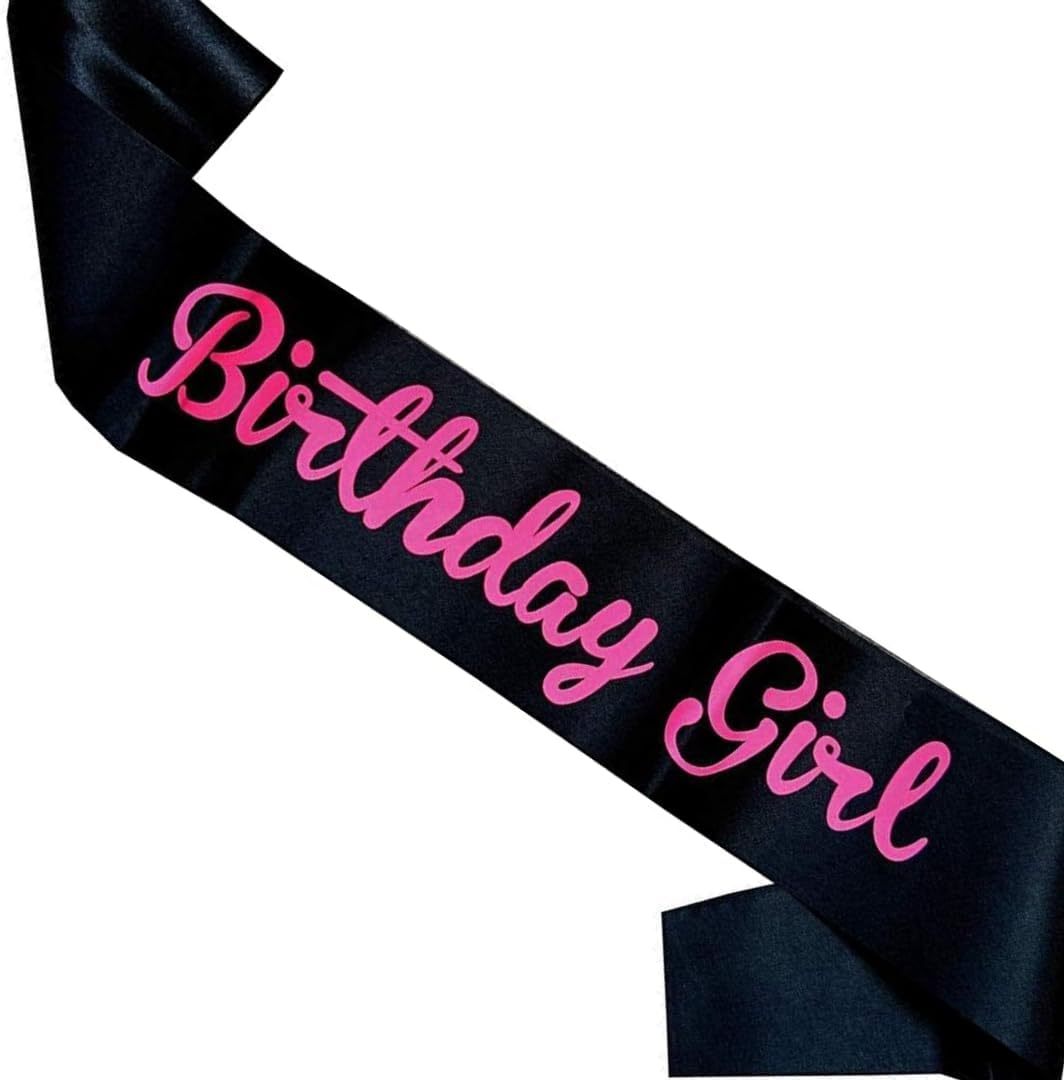 Propsicle Black Satin Birthday Girl Sash with Pink Script Text - Princess Theme Party Accessory for Kids, Teens & Women, Lightweight Shoulder Ribbon for Celebration Wear