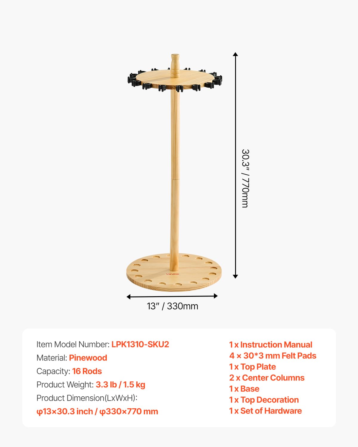 VEVOR Portacanne da Pesca per 16 Aste 330 x 770 mm Supporto in Legno Girevole a 360°, Rotondo, per Organizzare e Riporre Canne, Supporto da Pavimento Salvaspazio per Attrezzatura da Pesca