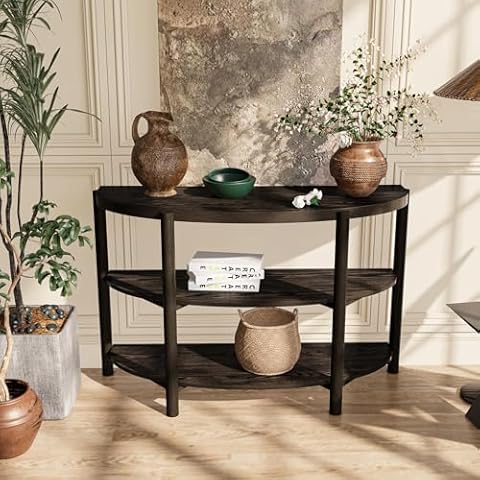 MIAUWUUFHOME Solid Wood Console Table with 3-Tier Storage Shelves, Elegant Semi-Circular Sofa Table for Entryway, Living Room, Hallway, Versatile Storage Solution Behind Couch Table SFZT777DK Cover