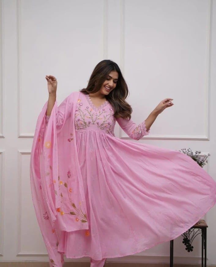 Image of KANCHAN TRADERS Women's Cotton Round Neck 3 /4 Sleeve Chikankari Embroidered Printed Kurta Palazzo with Dupatta Set