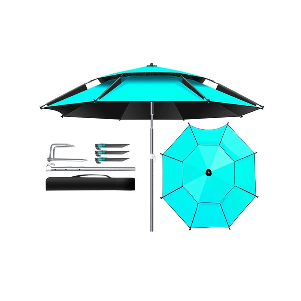 Ombrellone da pesca portatile con protezione UV, antivento, inclinabile a 360°, pieghevole, con borsa per il trasporto e ancoraggio, 260 cm/8,5 piedi, blu.