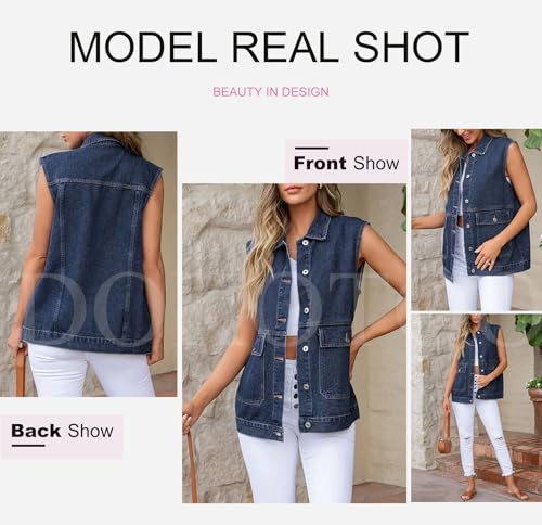 Dokotoo Womens Fashion 2025 Casual Denim Vest Oversized Mid Long Jean Vest Sleeveless Jean Jacket Shacket with Pockets4