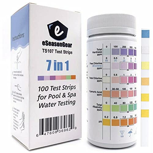 eSeasongear TS107 7-in-1 Pool and Spa Test Strips, 100/Pack, Free and Total Chlorine, pH, Total Hardness, Total Alkalinity & CYA