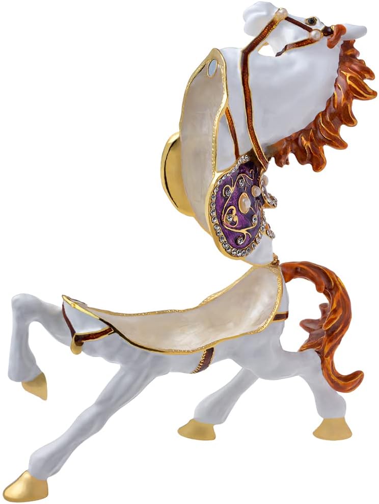 Golden Crystal Enameled Horse Jewelry Box, Hand-Painted Hinged White Horse Trinket Box, Elegant Home Décor & Unique Gift for Equestrians