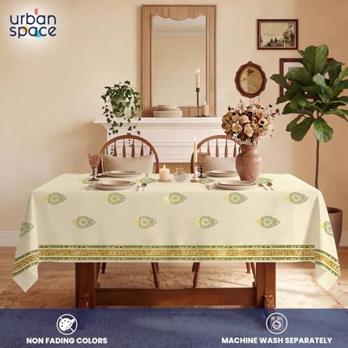 Image of Urban Space 100% Cotton Dining Table Cover for 4 Seater, Gold Foil Printed Cotton Table Cloth for Center Table, Dining Room Table Cover (Size 48 inch x 72 inch - 4 Seater, Zari Buta Sage Green Gold)