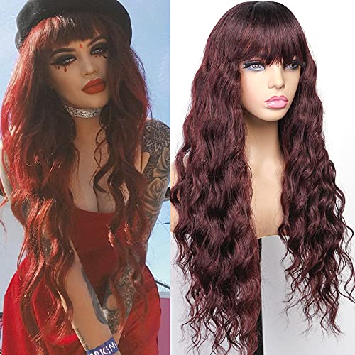 Fugady Hair Burgundy Red Wig with Bangs Wavy Wig With Long Loose Curly Ombre Wine Red Wig with Bangs Red Wig For Women Heat Resistant Full Machines Made Wig For Daily Cosplay (Synthetic 24 Inches)