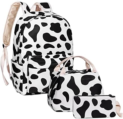 MCWTH Cow Print School Backpack for Girls, Kids Teen School Bags Bookbags with Lunch Box and Pencil Case