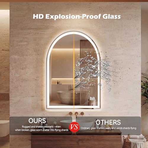 Image of Sweetcrispy 20 inchx28 inch LED Bathroom Backlit Mirror with Lights, Arched Lighted Bathroom Vanity Mirror with Anti-Fog, Dimmable, 3-Color Light, Memory Function, Tempered Glass, Water-Proof Design