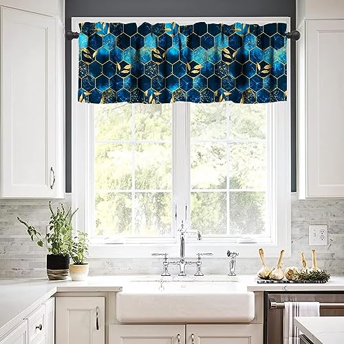Image of Sky Blue Honeycomb Marble Window Valance Curtain, Abstract Green Marble Hexagon Texture Golden Leaves Window Treatment Valances for Kitchen Living Room Cafe Decor 54'x18', 1 Panel